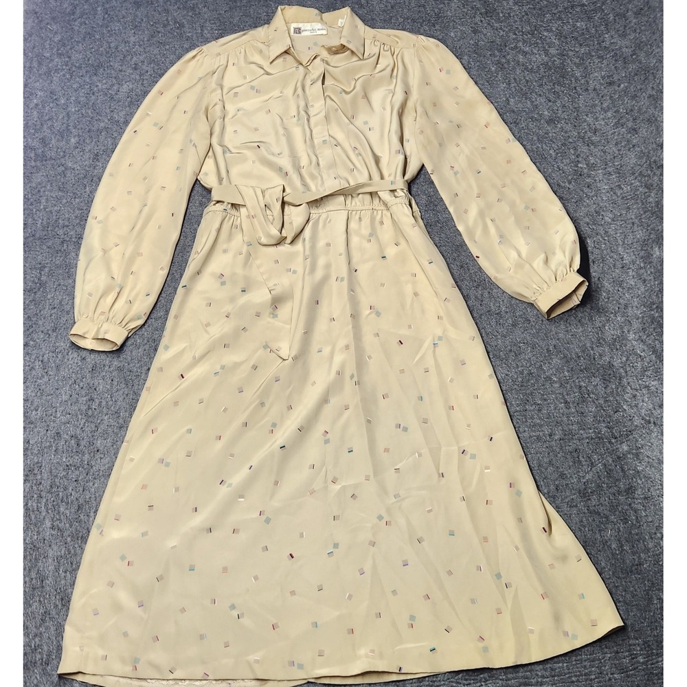 Pierre Balmain‎ Paris Vintage Long Sleeve Dress Union Made USA 10 Geometric Tan
